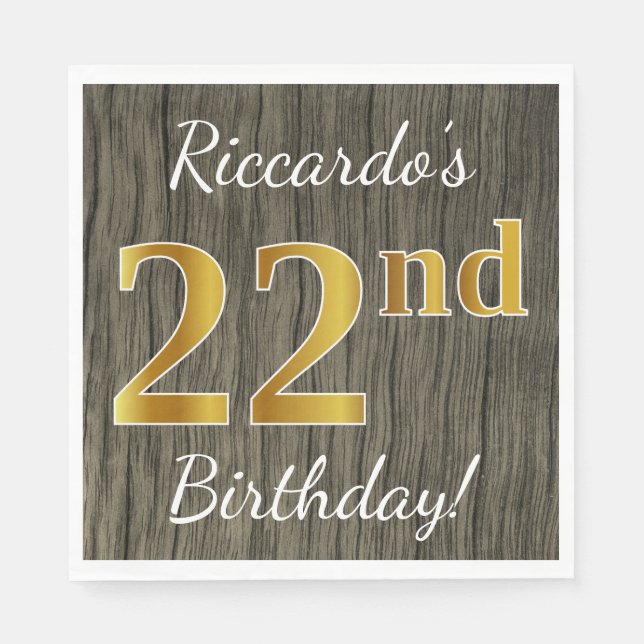 Faux Wood, Faux Gold 22nd Birthday + Custom Name Napkins (Front)