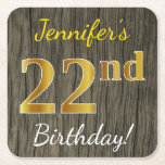 [ Thumbnail: Faux Wood, Faux Gold 22nd Birthday + Custom Name Paper Coaster ]