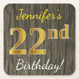 Faux Wood, Faux Gold 22nd Birthday + Custom Name Square Paper Coaster