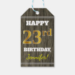 [ Thumbnail: Faux Wood, Faux Gold 23rd Birthday + Custom Name Gift Tags ]
