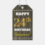 [ Thumbnail: Faux Wood, Faux Gold 24th Birthday + Custom Name Gift Tags ]