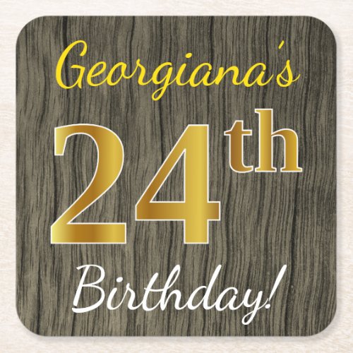 Faux Wood Faux Gold 24th Birthday  Custom Name Square Paper Coaster