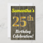 [ Thumbnail: Faux Wood, Faux Gold 25th Birthday Celebration Invitation ]