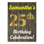 [ Thumbnail: Faux Wood, Faux Gold 25th Birthday Celebration Invitation ]