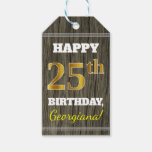 [ Thumbnail: Faux Wood, Faux Gold 25th Birthday + Custom Name Gift Tags ]