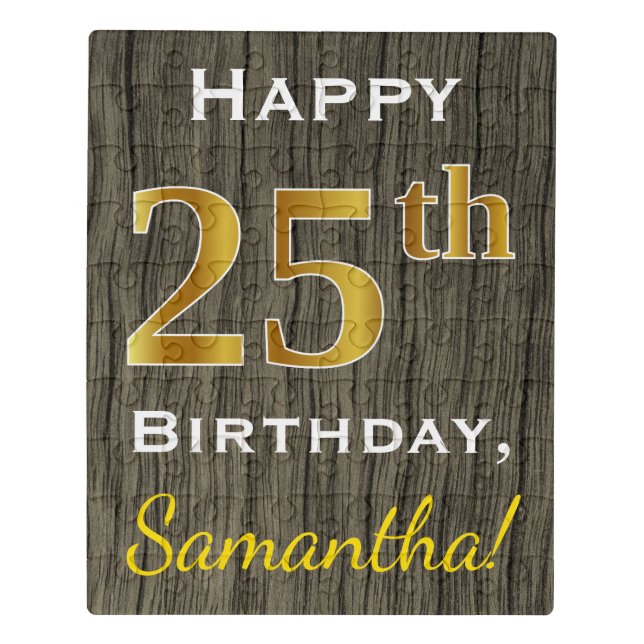 Faux Wood, Faux Gold 25th Birthday + Custom Name Jigsaw Puzzle (Puzzle Vertical)