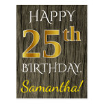 [ Thumbnail: Faux Wood, Faux Gold 25th Birthday + Custom Name Postcard ]