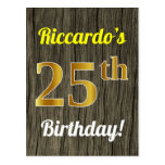 [ Thumbnail: Faux Wood, Faux Gold 25th Birthday & Custom Name Postcard ]