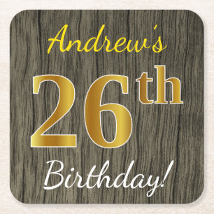 Faux Wood, Faux Gold 26th Birthday + Custom Name Square Paper Coaster