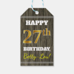 [ Thumbnail: Faux Wood, Faux Gold 27th Birthday + Custom Name Gift Tags ]