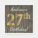 [ Thumbnail: Faux Wood, Faux Gold 27th Birthday + Custom Name Napkin ]