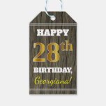 [ Thumbnail: Faux Wood, Faux Gold 28th Birthday + Custom Name Gift Tags ]