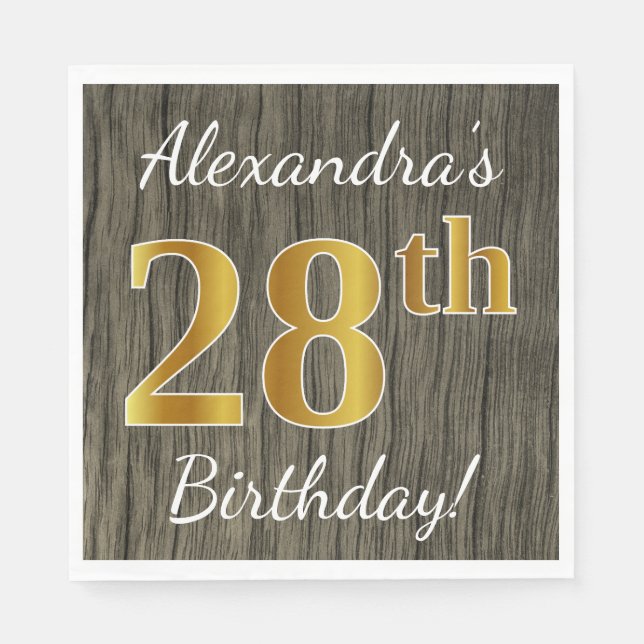 Faux Wood, Faux Gold 28th Birthday + Custom Name Napkins (Front)