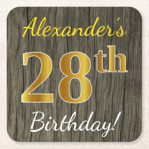 Faux Wood, Faux Gold 28th Birthday + Custom Name Square Paper Coaster