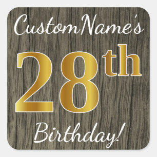 Faux Wood, Faux Gold 28th Birthday + Custom Name Square Sticker
