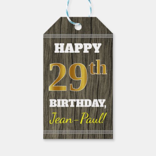 Faux Wood Faux Gold 29th Birthday  Custom Name Gift Tags