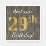 [ Thumbnail: Faux Wood, Faux Gold 29th Birthday + Custom Name Napkin ]