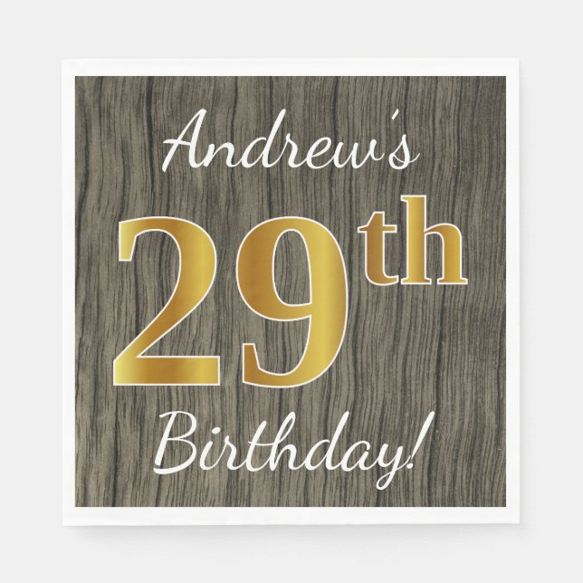 Faux Wood, Faux Gold 29th Birthday + Custom Name Napkins (Front)