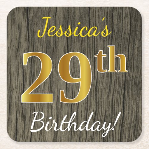 Faux Wood Faux Gold 29th Birthday  Custom Name Square Paper Coaster