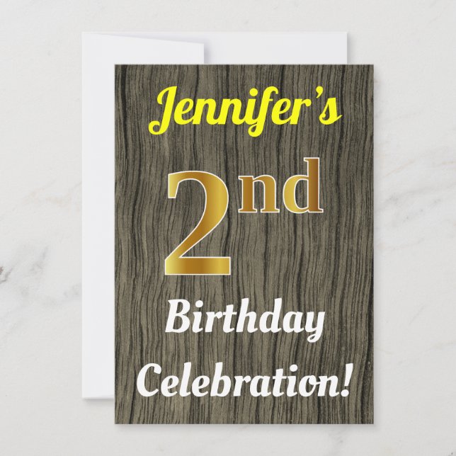 Faux Wood, Faux Gold 2nd Birthday Celebration Invitation (Front)