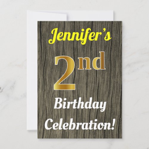 Faux Wood Faux Gold 2nd Birthday Celebration Invitation