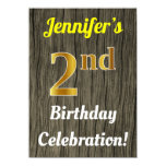 [ Thumbnail: Faux Wood, Faux Gold 2nd Birthday Celebration Invitation ]