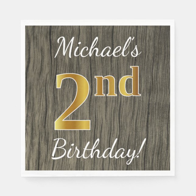 Faux Wood, Faux Gold 2nd Birthday + Custom Name Napkins (Front)