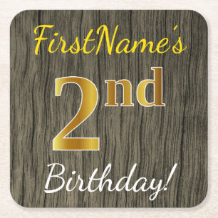 Faux Wood, Faux Gold 2nd Birthday + Custom Name Square Paper Coaster