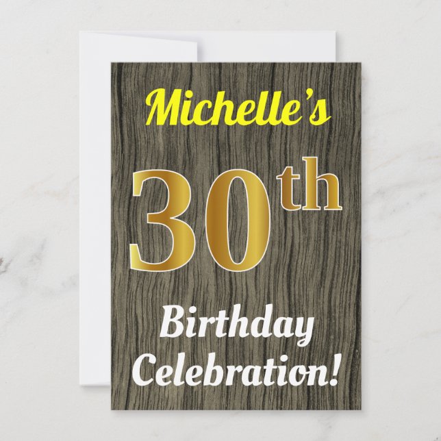 Faux Wood, Faux Gold 30th Birthday Celebration Invitation (Front)