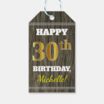 [ Thumbnail: Faux Wood, Faux Gold 30th Birthday + Custom Name Gift Tags ]