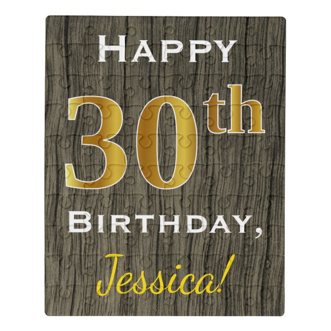 Faux Wood, Faux Gold 30th Birthday + Custom Name Jigsaw Puzzle (Puzzle Vertical)