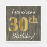 [ Thumbnail: Faux Wood, Faux Gold 30th Birthday + Custom Name Napkin ]