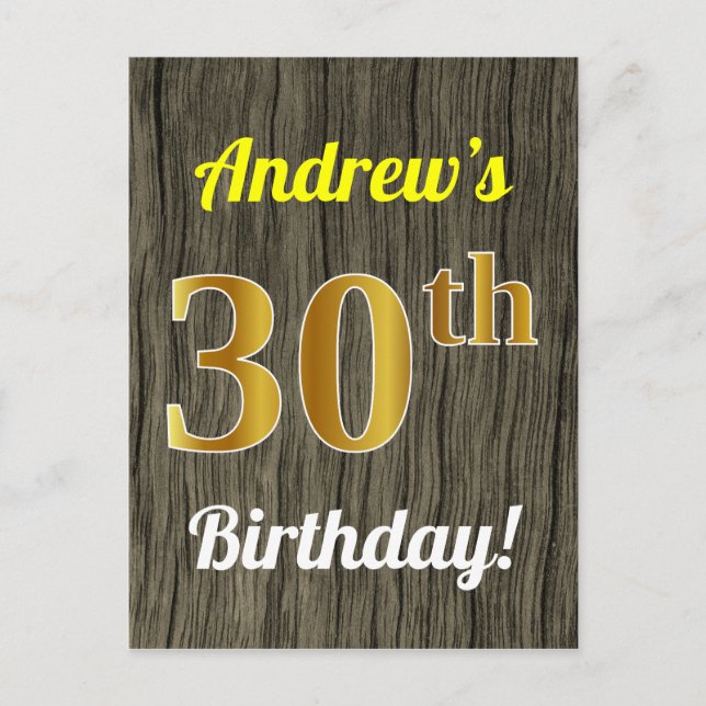 Faux Wood, Faux Gold 30th Birthday & Custom Name Postcard (Front)
