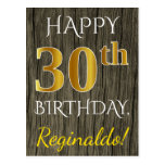 [ Thumbnail: Faux Wood, Faux Gold 30th Birthday + Custom Name Postcard ]