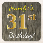 [ Thumbnail: Faux Wood, Faux Gold 31st Birthday + Custom Name Paper Coaster ]