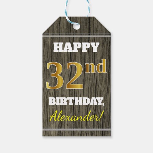 Faux Wood Faux Gold 32nd Birthday  Custom Name Gift Tags
