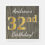 [ Thumbnail: Faux Wood, Faux Gold 32nd Birthday + Custom Name Napkin ]