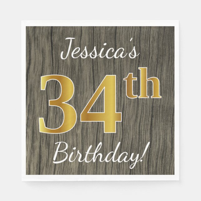 Faux Wood, Faux Gold 34th Birthday + Custom Name Napkins (Front)