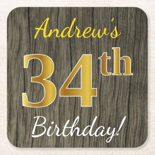 Faux Wood Faux Gold 34th Birthday  Custom Name Square Paper Coaster