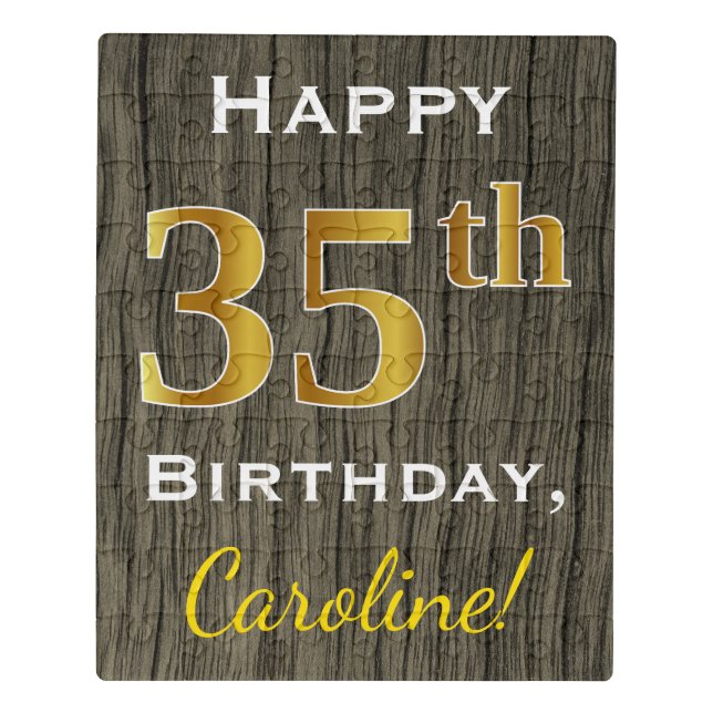 Faux Wood, Faux Gold 35th Birthday + Custom Name Jigsaw Puzzle (Puzzle Vertical)