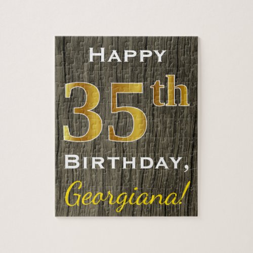 Faux Wood Faux Gold 35th Birthday  Custom Name Jigsaw Puzzle