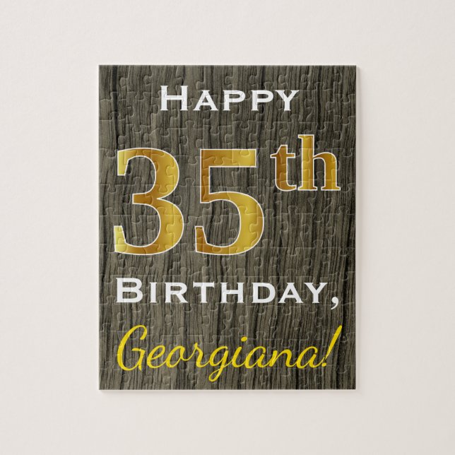 Faux Wood, Faux Gold 35th Birthday + Custom Name Jigsaw Puzzle (Vertical)