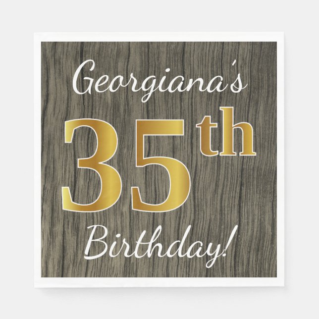 Faux Wood, Faux Gold 35th Birthday + Custom Name Napkins (Front)