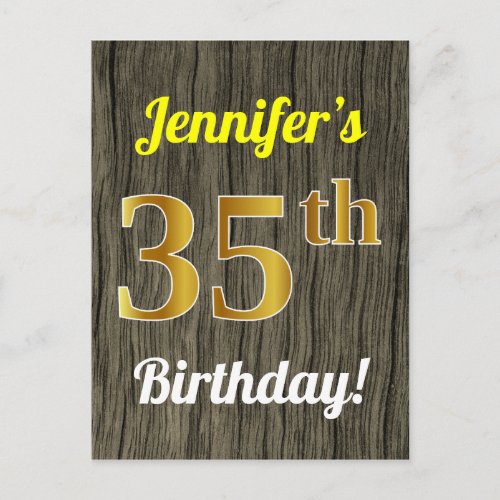 Faux Wood Faux Gold 35th Birthday  Custom Name Postcard