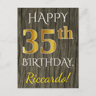 Faux Wood, Faux Gold 35th Birthday + Custom Name Postcard