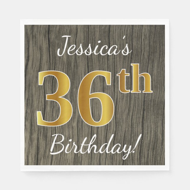 Faux Wood, Faux Gold 36th Birthday + Custom Name Napkins (Front)