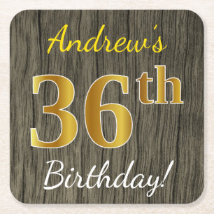 Faux Wood, Faux Gold 36th Birthday + Custom Name Square Paper Coaster
