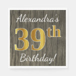 [ Thumbnail: Faux Wood, Faux Gold 39th Birthday + Custom Name Napkin ]