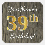 [ Thumbnail: Faux Wood, Faux Gold 39th Birthday + Custom Name S Sticker ]