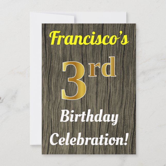 Faux Wood, Faux Gold 3rd Birthday Celebration Invitation (Front)
